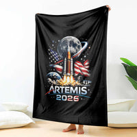 Patriotic 2026 Lunar Orbit Mission Rocket Launch Throw Blanket American Flag n Moon Patriotic Space Astronomy Enthusiasts
