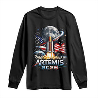 Patriotic 2026 Lunar Orbit Mission Rocket Launch Long Sleeve Shirt American Flag n Moon Patriotic Space Astronomy Enthusiasts TS02