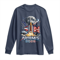Patriotic 2026 Lunar Orbit Mission Rocket Launch Long Sleeve Shirt American Flag n Moon Patriotic Space Astronomy Enthusiasts TS02