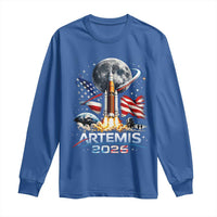 Patriotic 2026 Lunar Orbit Mission Rocket Launch Long Sleeve Shirt American Flag n Moon Patriotic Space Astronomy Enthusiasts TS02