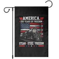 Steam Steel Freedom Stainless American Spirit Garden Flag 250 Years USA Railroad Legend Patriotic Military Jet Flyover Graphic