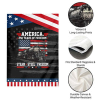Steam Steel Freedom Stainless American Spirit Patriotic Garden Flag 250 Years USA Railroad Legend Military Jet Flyover Graphic
