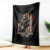 Americas 250th Anniversary 1776-2026 Bigfoot Rock Star Throw Blanket Playing Electric Guitar Distressed American Flag Graphic