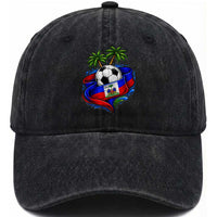 Haitian Flag Soccer Ball Graphic Washed Cotton Baseball Cap Tropical Palm Trees Caribbean Haiti Football Fans Pride