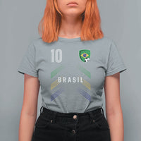Brasil Number 10 Soccer Shield Graphic Jersey Style T Shirt For Women Retro Futbol Football Fans Sports Lover