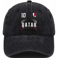 Qatar Soccer Sports Graphic Number 10 Jersey Style Washed Cotton Baseball Cap Proud Qatari Football Fans Game Day Pride