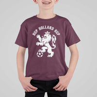 Hup Holland Hup Netherlands Crowned Lion Rampant Playing Football Graphic T Shirt For Kid Nederlands Coat of Arms Inspo Dutch Soccer Fans