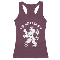 Hup Holland Hup Netherlands Crowned Lion Rampant Playing Football Graphic Racerback Tank Top Nederlands Coat of Arms Inspo Dutch Soccer Fans
