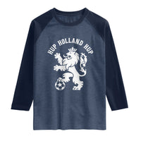 Hup Holland Hup Netherlands Crowned Lion Rampant Playing Football Graphic Raglan Shirt Nederlands Coat of Arms Inspo Dutch Soccer Fans