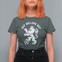 Hup Holland Hup Netherlands Crowned Lion Rampant Playing Football Graphic T Shirt For Women Nederlands Coat of Arms Inspo Dutch Soccer Fans