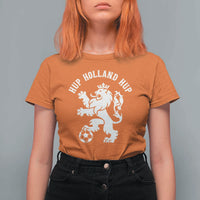 Hup Holland Hup Netherlands Crowned Lion Rampant Playing Football Graphic T Shirt For Women Nederlands Coat of Arms Inspo Dutch Soccer Fans