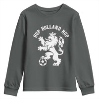 Hup Holland Hup Netherlands Crowned Lion Rampant Playing Football Graphic Youth Sweatshirt Nederlands Coat of Arms Inspo Dutch Soccer Fans