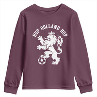 Hup Holland Hup Netherlands Crowned Lion Rampant Playing Football Graphic Youth Sweatshirt Nederlands Coat of Arms Inspo Dutch Soccer Fans