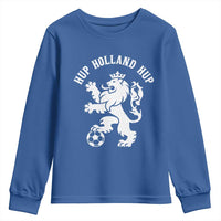 Hup Holland Hup Netherlands Crowned Lion Rampant Playing Football Graphic Youth Sweatshirt Nederlands Coat of Arms Inspo Dutch Soccer Fans