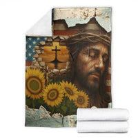 Christian American Cross Jesus Crown of Thorns Throw Blanket Patriotic Sunset with Sunflowers