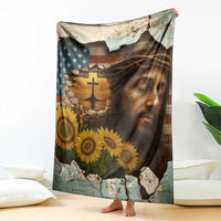 Christian American Cross Jesus Crown of Thorns Throw Blanket Patriotic Sunset with Sunflowers