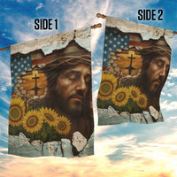 Christian American Cross Jesus Crown of Thorns Garden Flag Patriotic Sunset with Sunflowers