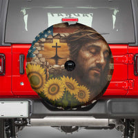 Christian American Cross Jesus Crown of Thorns Spare Tire Cover Patriotic Sunset with Sunflowers