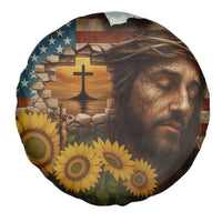 Christian American Cross Jesus Crown of Thorns Spare Tire Cover Patriotic Sunset with Sunflowers