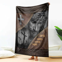 Faith Over Fear Rustic Christian Throw Blanket Jesus Cross Black and Brown Leather Style Effect