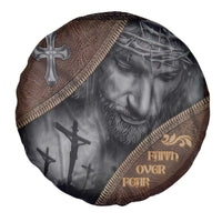 Faith Over Fear Rustic Christian Spare Tire Cover Jesus Cross Black and Brown Leather Style Effect