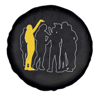 Viral Basketball Pointing Huddle Spare Tire Cover Funny Women Sports Culture Meme Yellow Silhouette Graphic