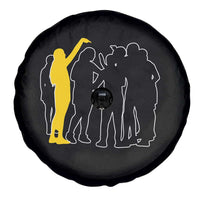 Viral Basketball Pointing Huddle Spare Tire Cover Funny Women Sports Culture Meme Yellow Silhouette Graphic