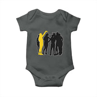 Viral Basketball Pointing Huddle Baby Onesie Funny Women Sports Culture Meme Yellow Silhouette Graphic