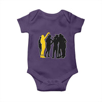 Viral Basketball Pointing Huddle Baby Onesie Funny Women Sports Culture Meme Yellow Silhouette Graphic