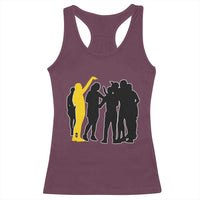 Viral Basketball Pointing Huddle Racerback Tank Top Funny Women Sports Culture Meme Yellow Silhouette Graphic
