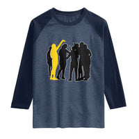 Viral Basketball Pointing Huddle Raglan Shirt Funny Women Sports Culture Meme Yellow Silhouette Graphic