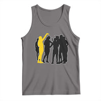 Viral Basketball Pointing Huddle Tank Top Funny Women Sports Culture Meme Yellow Silhouette Graphic