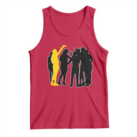 Viral Basketball Pointing Huddle Tank Top Funny Women Sports Culture Meme Yellow Silhouette Graphic