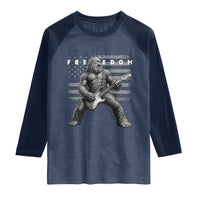 Freedom Bigfoot Playing Electric Guitar Raglan Shirt Sasquatch Rock Star American Flag Patriotic Graphic