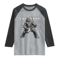 Freedom Bigfoot Playing Electric Guitar Raglan Shirt Sasquatch Rock Star American Flag Patriotic Graphic