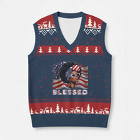 Blessed Black Queen Afro American Flag V-Neck Knit Sweater Vest Patriotic Juneteenth 4th of July