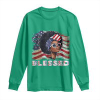 Blessed Black Queen Afro American Flag Long Sleeve Shirt Patriotic Juneteenth 4th of July