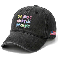 Kawaii Dumpling and Bows Aesthetic Graphic Washed Cotton Baseball Cap Cute Pastel Bao Dim Sum Coquette Aesthetic