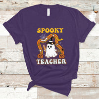 Halloween Teacher T Shirt Spooky Teacher Retro Rainbow Ghost Funny Halloween Teacher - Wonder Print Shop