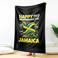 Happy Jamaican Independence Day 1962 Graphic Throw Blanket Jamaica Waving Flag and Palm Trees Caribbean Pride
