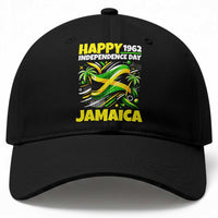 Happy Jamaican Independence Day 1962 Graphic Baseball Cap Jamaica Waving Flag and Palm Trees Caribbean Pride