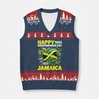 Happy Jamaican Independence Day 1962 Graphic V-Neck Knit Sweater Vest Jamaica Waving Flag and Palm Trees Caribbean Pride