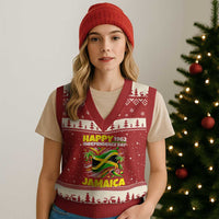 Happy Jamaican Independence Day 1962 Graphic V-Neck Knit Sweater Vest Jamaica Waving Flag and Palm Trees Caribbean Pride