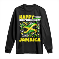Happy Jamaican Independence Day 1962 Graphic Long Sleeve Shirt Jamaica Waving Flag and Palm Trees Caribbean Pride