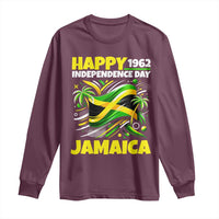 Happy Jamaican Independence Day 1962 Graphic Long Sleeve Shirt Jamaica Waving Flag and Palm Trees Caribbean Pride
