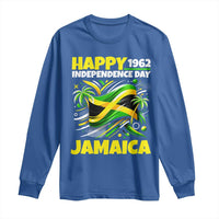 Happy Jamaican Independence Day 1962 Graphic Long Sleeve Shirt Jamaica Waving Flag and Palm Trees Caribbean Pride