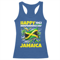 Happy Jamaican Independence Day 1962 Graphic Racerback Tank Top Jamaica Waving Flag and Palm Trees Caribbean Pride