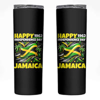 Happy Jamaican Independence Day 1962 Graphic Skinny Tumbler Jamaica Waving Flag and Palm Trees Caribbean Pride