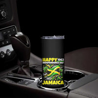 Happy Jamaican Independence Day 1962 Graphic Skinny Tumbler Jamaica Waving Flag and Palm Trees Caribbean Pride