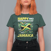 Happy Jamaican Independence Day 1962 Graphic T Shirt For Women Jamaica Waving Flag and Palm Trees Caribbean Pride